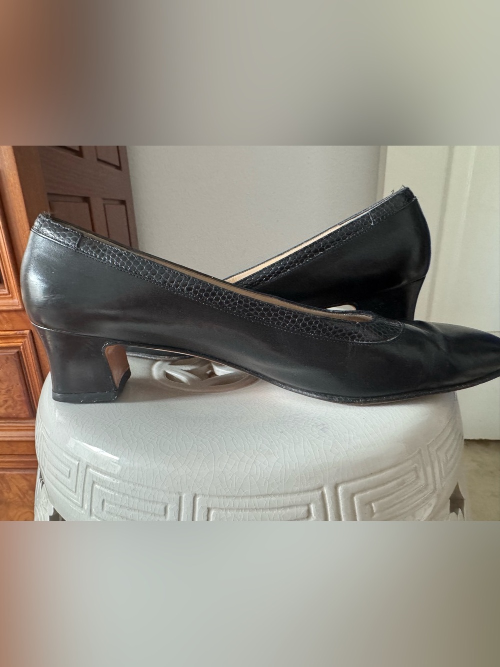 Vintage Salvatore Ferragamo Black Leather Low Block Heel Pumps - Picture 6 of 9